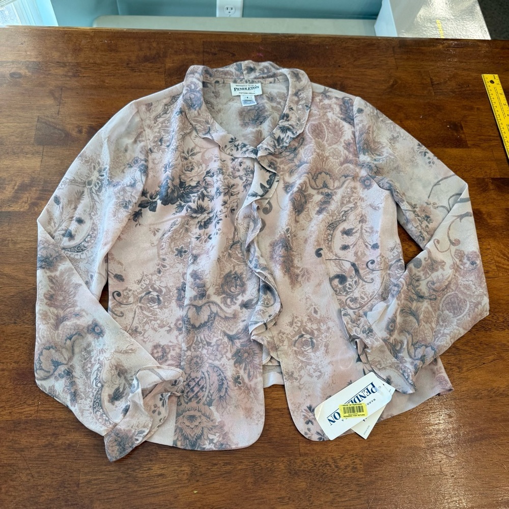 NWT Vintage Pendleton Sheer Floral Ruffle Blouse Pink Gray Chiffon Boho Y2K sz 6